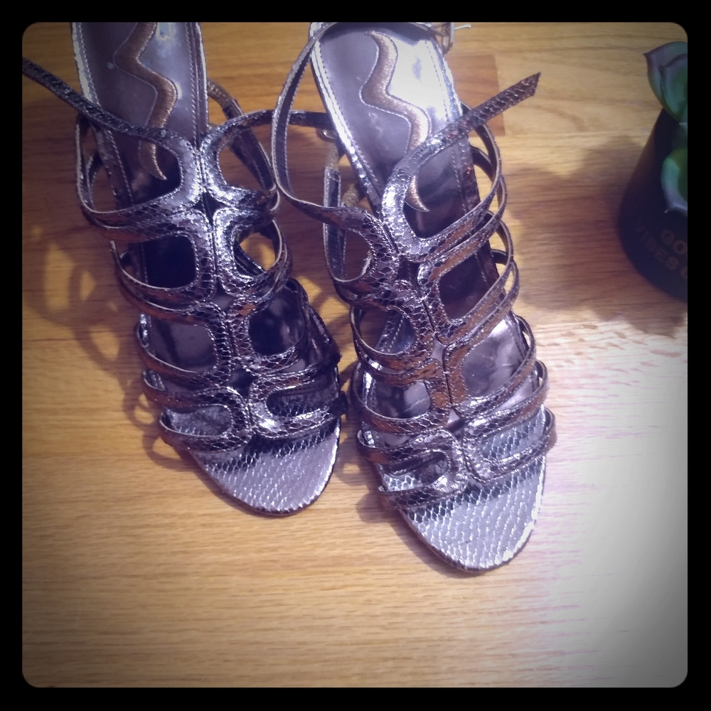 NINA Bronze Snake-print Leather Strapped Sandals